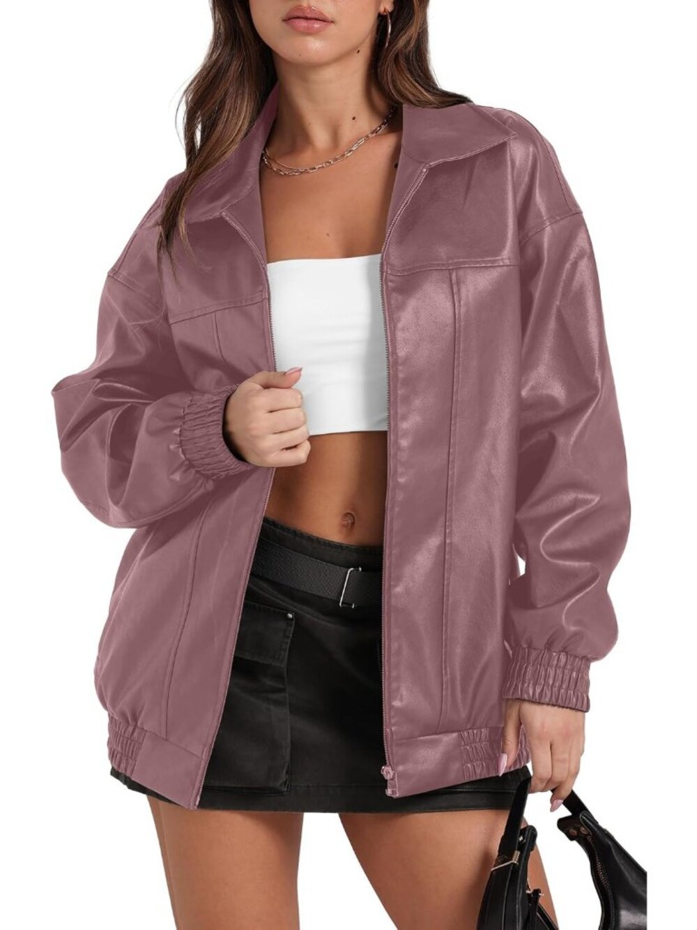 Women's Pink Faux Oversized Motorcycle Bomber Coats Fall Fashion Winter Jackets